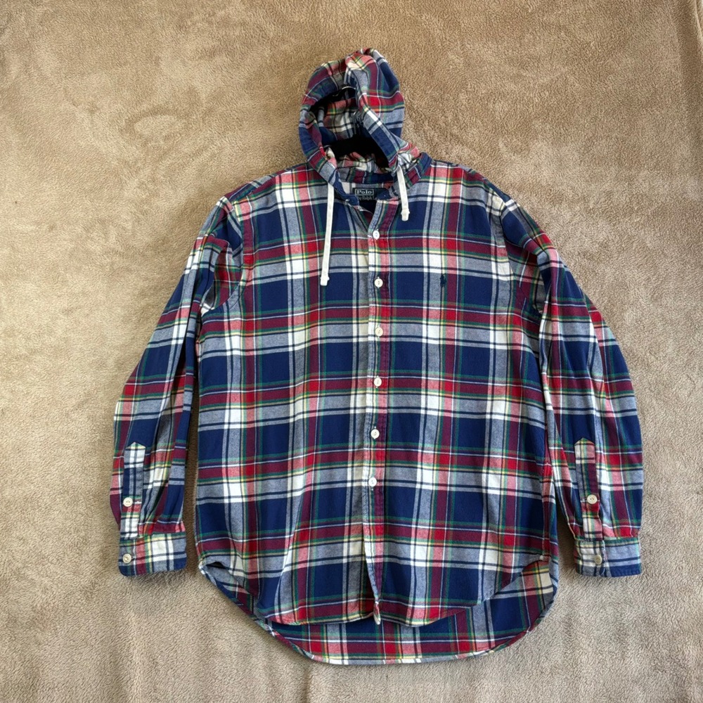 Polo Ralph Lauren Mens Hooded Flannel Shirt L Plaid Button Down Preppy READ
